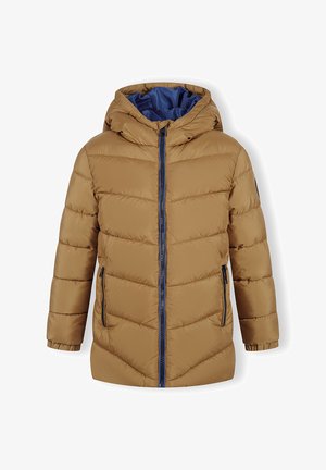 Hnedá prešívaná bunda s kapucňou, s modrou podšívkou, predným zipsom a dvoma postrannými vreckami na zips. Textúrovaný prešívaný dizajn.