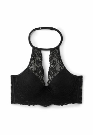 Bralette noir en dentelle à col licou avec bonnets à armatures et détails en dentelle florale, doté d'une bride de cou réglable et sécurisée.