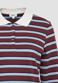 Polo shirt met lange mouwen, een witte kraag en horizontale strepen in kastanjebruin, lichtblauw, marineblauw en wit, voorzien van drie kastanjebruine knopen.