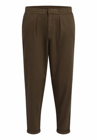 Bruine, lichte broek met een ontspannen pasvorm, voorzien van een elastische tailleband en omgeslagen zomen. Soepele textuur met een geplooid voorkantontwerp.