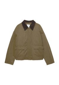 Veste vert olive avec un col en velours côtelé marron, deux poches avant, une coupe décontractée et une texture lisse. Dotée de détails en métal doré.