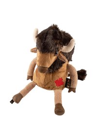Plush bison toy with brown fur, light tan accents, and large horns. Features a red maple leaf on its side. Soft, rounded shape with outstretched limbs.