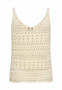 Crème haakloos top met verschillende open haakpatronen en een scalloped zoomdetail.