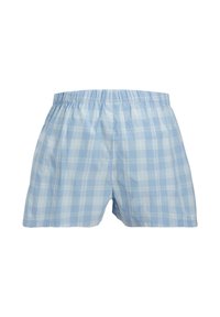 Helleblaue karierte Boxershorts aus Baumwolle, mit einem elastischen Bund, Karomuster und einer lockeren Passform. Keine zusätzlichen Beschläge oder Akzente.