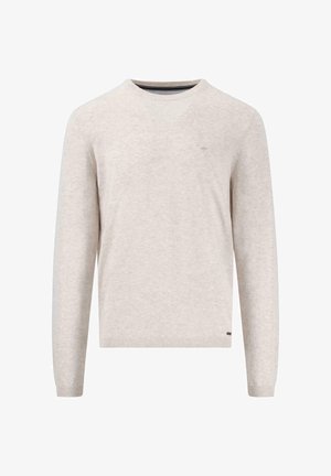 Gai bēša krūšu kakla svīteris, kas izgatavots no mīkstas auduma. Garas piedurknes, ribota aproce un apakša, iekļauj nelielu logotipa detaļu uz krūškurvja.