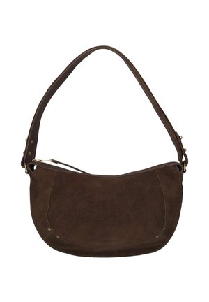 Dunkelbraune Veloursleder-Schultertasche mit einem einzelnen Riemen, abgerundetem Boden und dezenten Steppnähten.