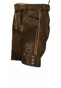 Bruine leren shorts met decoratieve stiksels, zijzakken en knopenaccenten. Voorzien van een gestructureerd oppervlak en een traditionele uitstraling.
