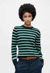 Πλεκτό πουλόβερ με ριγέ σχέδιο σε ναυτικό μπλε και πράσινο, με υφή, στρογγυλή λαιμόκοψη και ριμπ μανσέτες. Καφέ δερμάτινη ζώνη με χρυσά μεταλλικά στοιχεία.