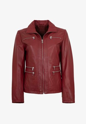 Rote Lederjacke mit Frontreißverschluss, zwei Brusttaschen mit Reißverschluss und vier Bundtaschen mit Reißverschluss, mit weitem Kragen und langen Ärmeln.