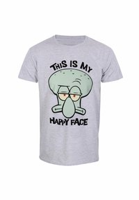 Szary bawełniany t-shirt z nadrukiem twarzy postaci z kresk�ówki oraz tekstem "TO JEST MOJA SZCZĘŚLIWA TWARZ" napisanym dużymi czarnymi literami poniżej.