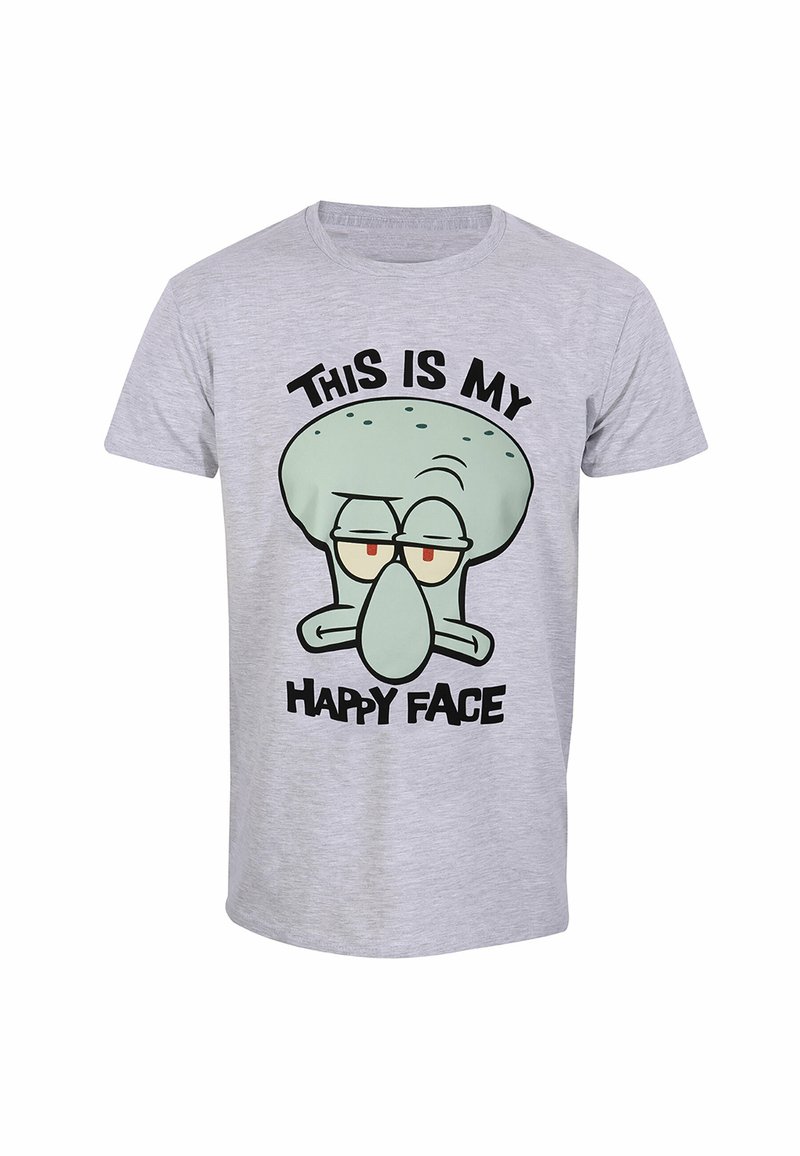 Šedé bavlněné tričko s obličejem kreslené postavičky a textem "TOHLE JE MOJE ŠŤASTNÉ OBLIČEJ" tučně napsaným černými písmeny pod ním.