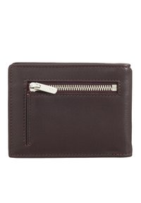 Portafoglio in pelle marrone con una tasca con zip, texture liscia, forma rettangolare e cuciture in contrasto lungo i bordi.