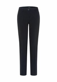 Pantalon bleu marine sur mesure avec une coupe droite. Présente une texture lisse, des passants pour ceinture et des poches avant avec des détails de couture.