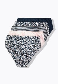 Sada čtyř párů dámského spodního prádla v různých vzorech: námořnická modrá, květinový vzor, pruhovaný a růžový; vyrobené z měkké tkaniny s elastickým pasem.