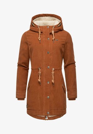 Bruine corduroyjas met een capuchon, voorzien van een zachte binnenvoering, trekkoordaccenten en drukknoopsluiting. Ontworpen voor comfort en warmte.