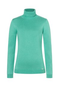 Mintgrüner Rollkragenpullover aus weichem Strickstoff. Mit langen Ärmeln und gerippten Abschlüssen am Kragen, an den Bündchen und am Saum.