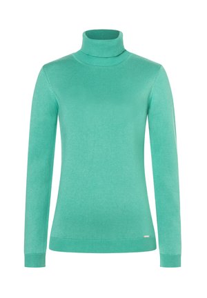 Mintgrüner Rollkragenpullover aus weichem Strickstoff. Mit langen Ärmeln und gerippten Abschlüssen am Kragen, an den Bündchen und am Saum.