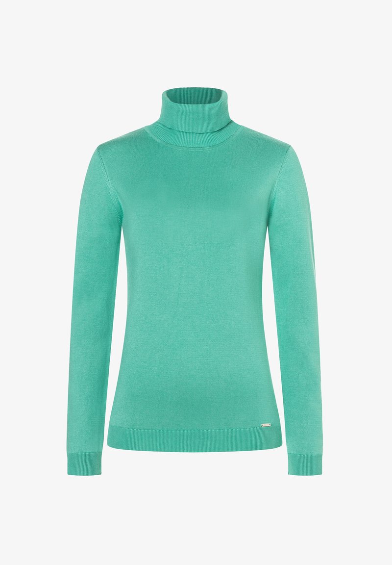Mintgrüner Rollkragenpullover aus weichem Strickstoff. Mit langen Ärmeln und gerippten Abschlüssen am Kragen, an den Bündchen und am Saum.