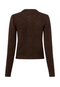 Bruine gebreide trui met lange mouwen, een ronde halslijn en een aansluitend ontwerp. De textuur lijkt zacht en licht pluizig.