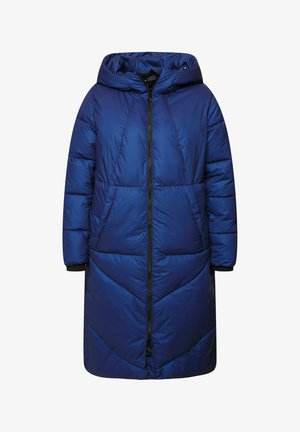 Długi puchowy płaszcz w ciemnoniebieskim kolorze z kapturem, z zamkiem błyskawicznym z przodu oraz wzorem w zygzak. Wykonany z lekkiego, błyszczącego materiału.