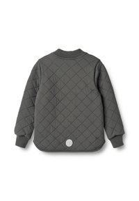 Szara pikowana kurtka z okrągłym dekoltem, ściągaczami na rękawach i u dołu, z okrągłym logo w dolnej części.