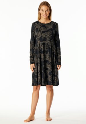 Long-sleeve dress in navy with gold floral pattern, rounded neckline, and flared skirt. Soft fabric with slight stretch, mid-length.
