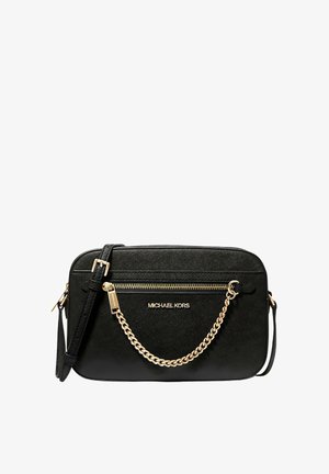 Sac bandoulière Michael Kors noir avec fermeture éclair dorée, chaîne décorative et bandoulière réglable.