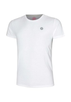 Schlichtes weißes T-Shirt mit kurzen Ärmeln und Rundhalsausschnitt, mit kleinem schwarzem rundem Logo auf der linken Brustseite.