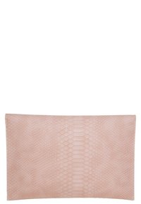 Pink faux leather clutch with a textured snake-skin pattern. Features a rectangular shape and smooth finish. No visible hardware.