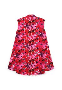 Vestito senza maniche in un vivace motivo floreale rosso e rosa con accenti neri, caratterizzato da una linea dritta e colletto. Tessuto morbido e leggero.