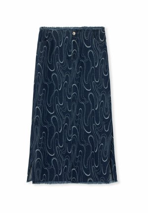 Jeansrock mit gewelltem Muster in Dunkelblau, knielang, mit fransigem Saum, Vorderknopfverschluss und zwei seitlichen Taschen.