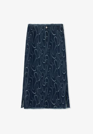 Denim rok met een golvend patroon in donkerblauw, van gemiddelde lengte, met een rafelige zoom, een sluiting met knopen aan de voorkant en twee zijzakken.
