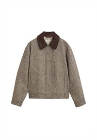 Brown speckled wool jacket with dark brown collar, long sleeves, hidden front closure, and side slit pockets, laid flat on white background.