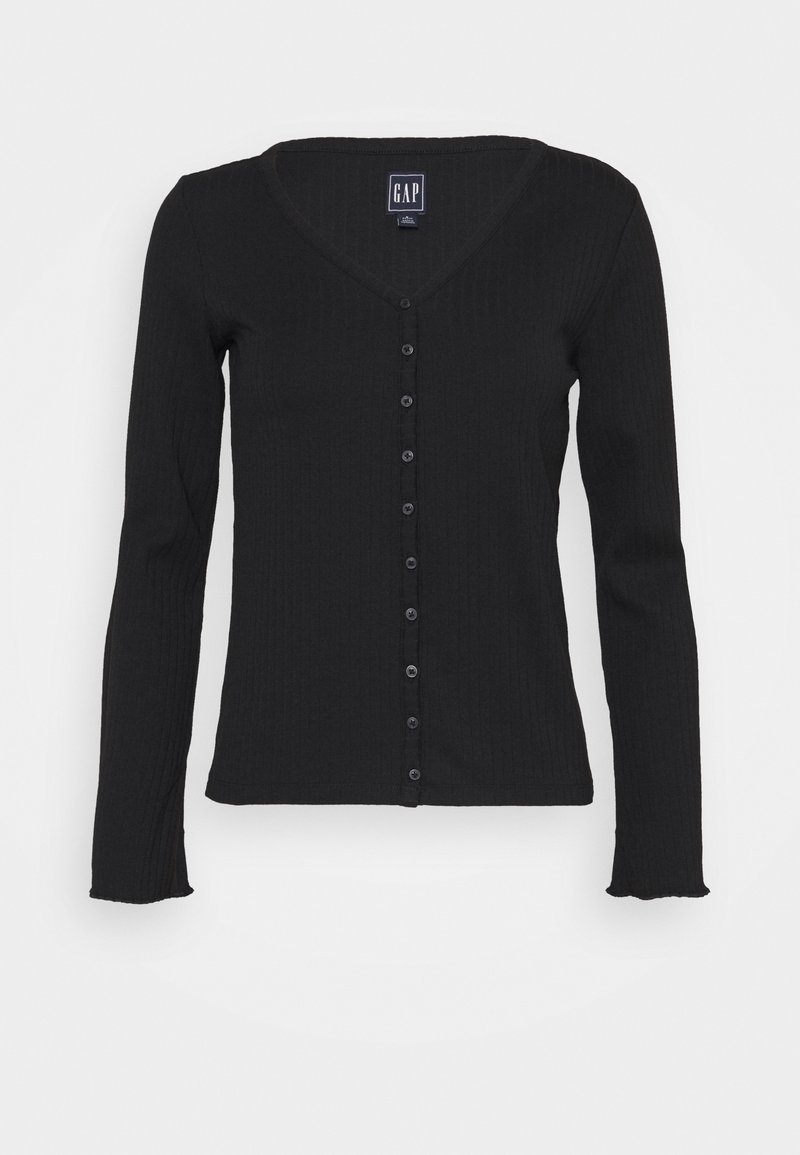 Cardigan noir à manches longues en maille côtelée avec col en V et fermeture à boutons sur le devant, étiqueté GAP, présenté sur un fond blanc.