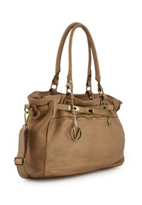Brown leather handbag with dual top handles, gold-colored hardware, a zipper pocket, and decorative accents. Features a smooth texture.