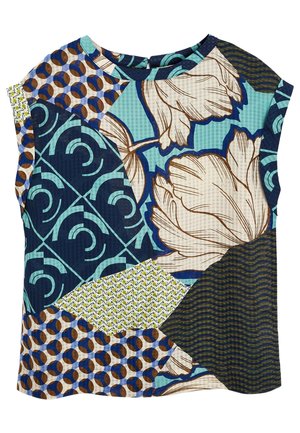 Ärmelloses Top mit gemischten geometrischen und floralen Mustern in Blau-, Braun-, Weiß- und Grüntönen und rundem Ausschnitt.