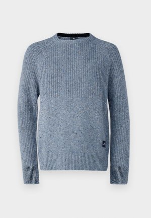 Blue knitted sweater with ribbed texture, featuring a solid body and patterned accents. Simple crew neck design with long sleeves.