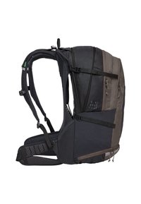Zaino realizzato con un mix di tessuti nero e grigio scuro, dotato di spalline in rete imbottita, fibbie regolabili e numerosi scomparti con zip.