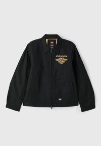Black jacket with a zip front, large collar, yellow lining, and embroidered "Dickies" logo with wings. Features side pockets and long sleeves.