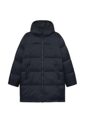 Black long padded winter coat with hood, front zipper, two side pockets, and subtle logo on the chest.