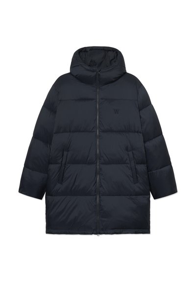Black long padded winter coat with hood, front zipper, two side pockets, and subtle logo on the chest.