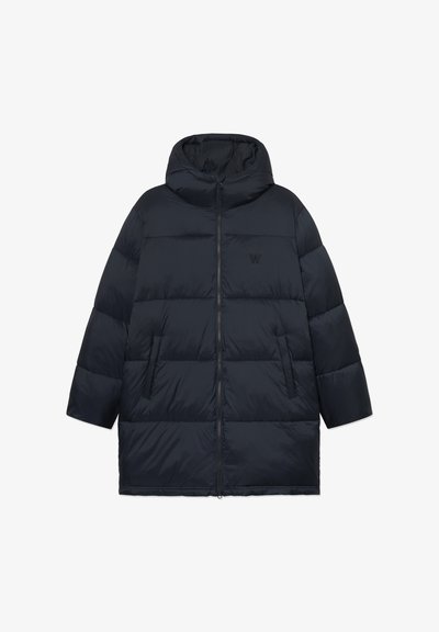 Black long padded winter coat with hood, front zipper, two side pockets, and subtle logo on the chest.