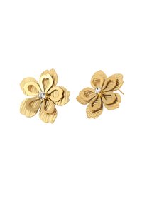 Guld metal blomsterformede øreringe med teksturerede kronblade og en central klar rhinsten. Hver ørering har fem kronblade med udskårne designs.
