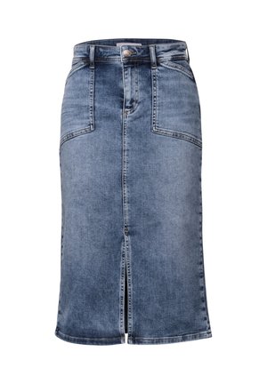 Gonna di denim blu medio con design dritto, tasche frontali e lunghezza al ginocchio, caratterizzata da uno spacco centrale e chiusura con bottone in metallo.