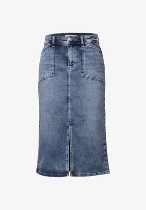 Jeanskjol i medelblått med rak design, framfickor och längd till knäet som har en mittslits och metalldymknapp.