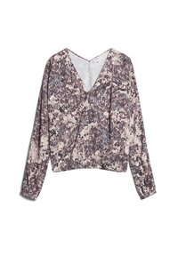 Långärmad blus i lätt tyg, med svepdesign, v-ringning och abstrakt rosa och lila blommönster.