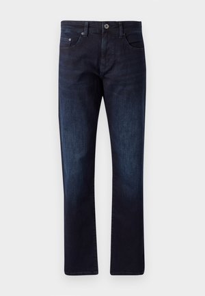 Jean en denim bleu foncé à coupe droite, avec deux poches avant, une poche monnaie et une fermeture à bouton. Texture légèrement décolorée.