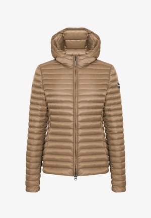 Light brown quilted puffer jacket with a hood, full front zipper, long sleeves, and a round logo patch on the left arm.