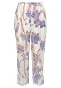 Bloemmotief broek in het wit met paarse, roze en gouden accenten. Bevat een elastische tailleband en opgerolde manchetten voor een ontspannen pasvorm.