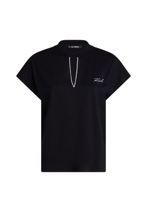 Black short-sleeve top made of soft fabric with a high neckline and a decorative bead detail along the front. Features embroidered logo.
